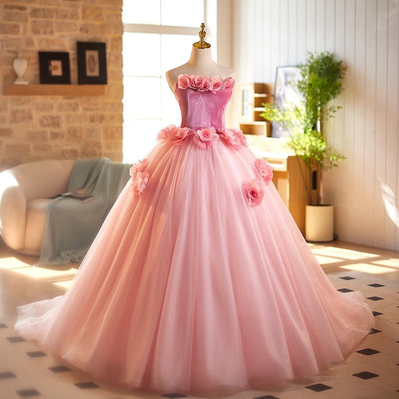 高級感 ピンク 立体花 ふわふわ ウェディングドレス プリンセス 花嫁 演奏会 二次会 前撮り 披露宴 08993