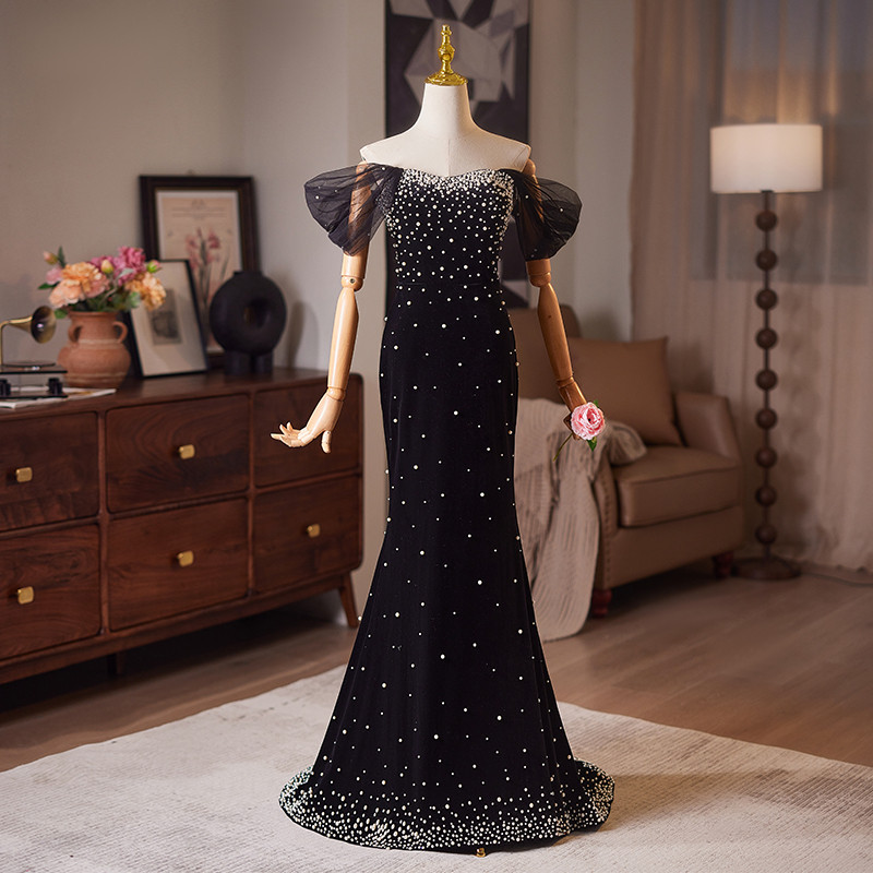 高級感 黒 オフショルダー スパンコール マーメイドドレス パーティードレス 演奏会 二次会 前撮り 披露宴 08989