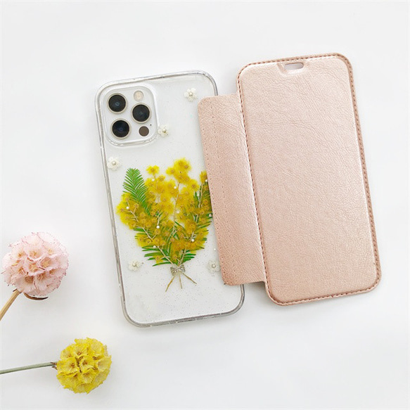 ミモザ iPhone17Pro/17/17ProMax/GalaxyS26 押し花ケース 手帳型スマホケース 1枚目の画像