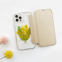 ミモザ iPhone17Pro/17/17ProMax/GalaxyS26 押し花ケース 手帳型スマホケース 2枚目の画像