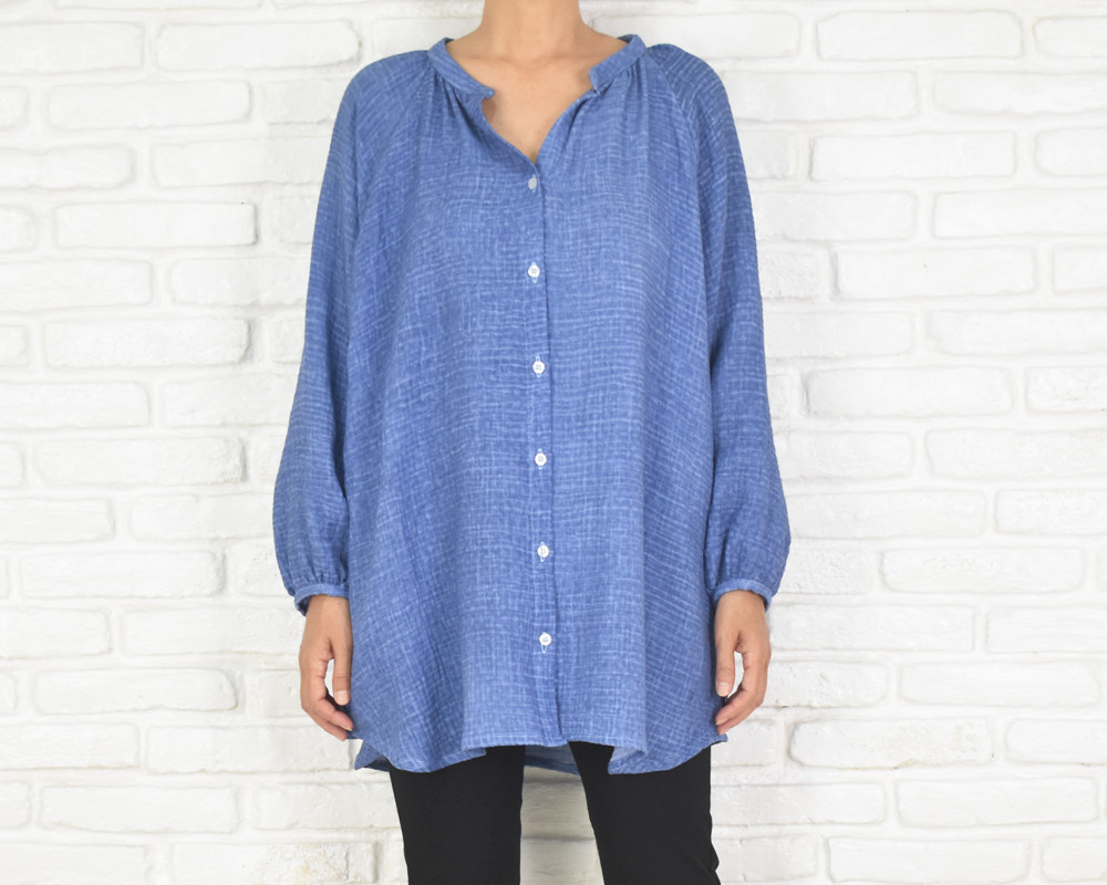柔らかなコットンダブルフェイス長袖スキッパーボタンシャツ　ヴィンテージブルー