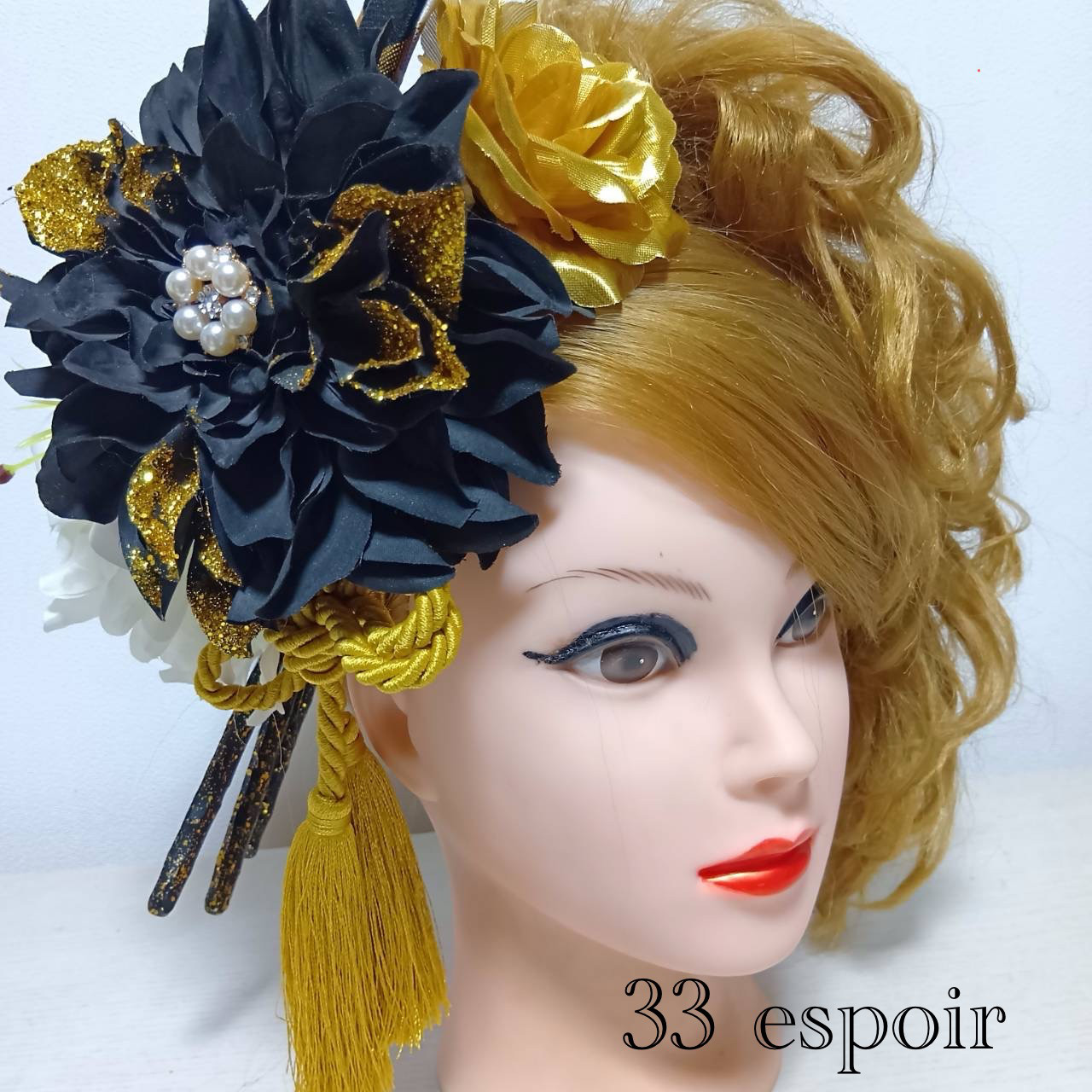 33 ギャル　振袖　成人式　ド派手　盛り髪　花魁　ゴールド　ギャル振袖　ギャル成人式　黒　体育祭　金　ギャル振袖　髪飾り