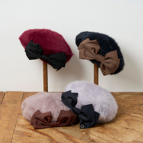 アンゴラリボンベレー/ワイン 255-11-203 ベレー帽・ハンチング