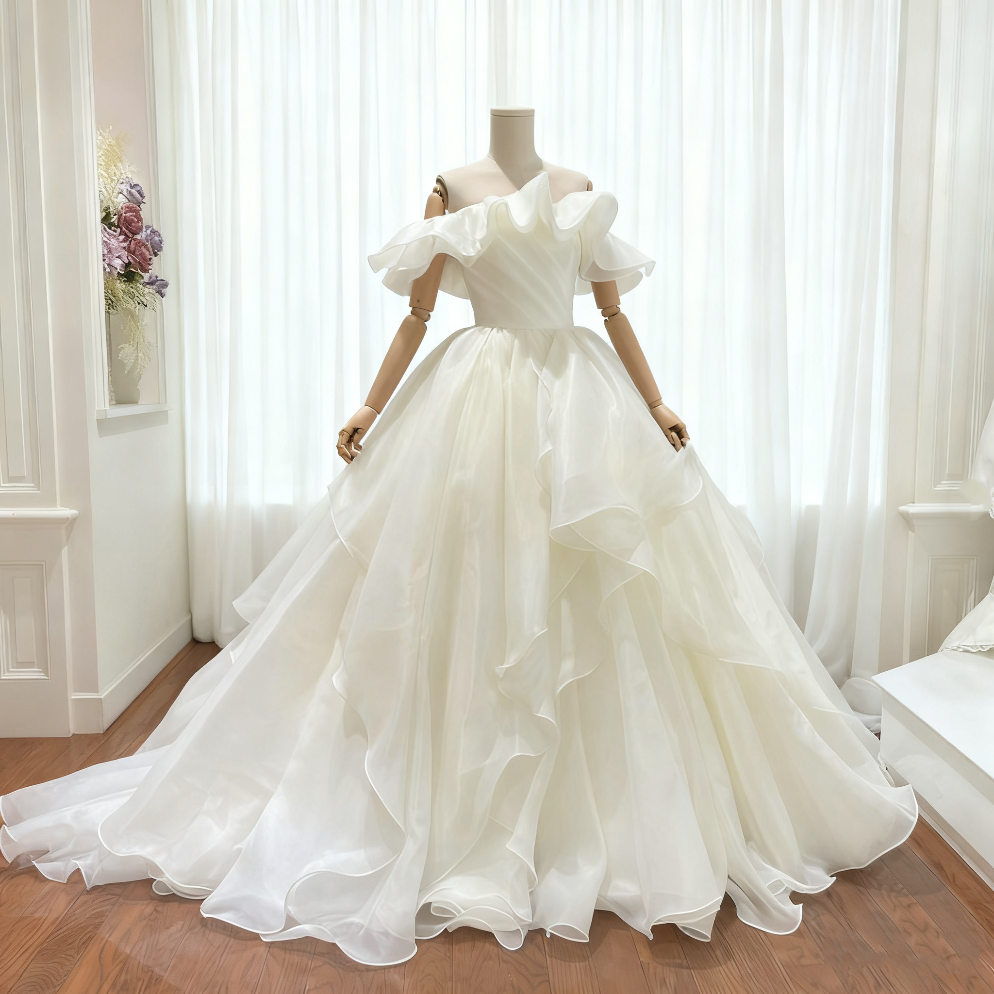 送料無料！ウェディングドレス ラッフルフリル  オフショルダー アシンメトリードレス 上質オーガンジー結婚式/披露宴