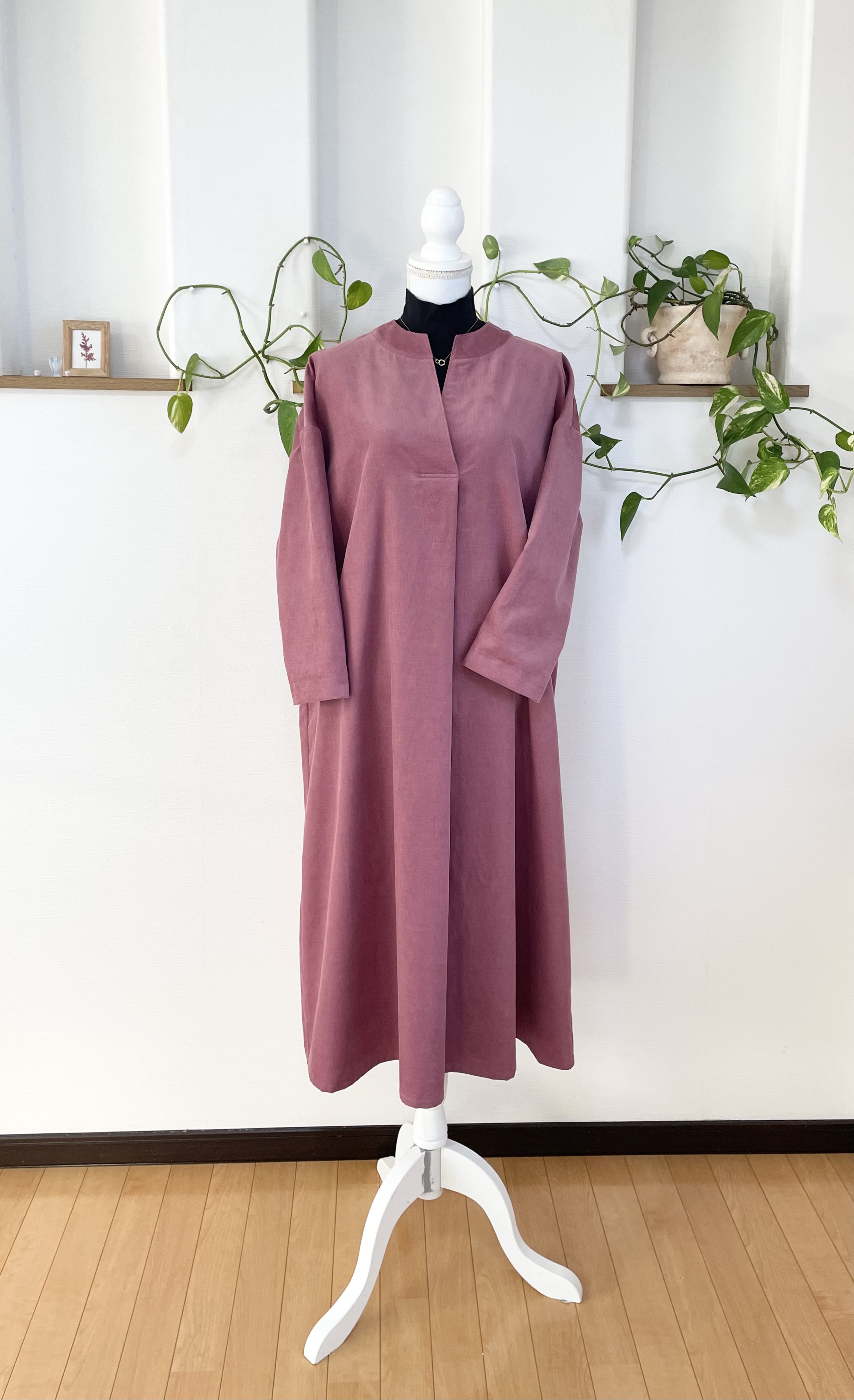 新作❣️細コーデュロイ綺麗に重ね着Aラインのワンピースピンクベージュ