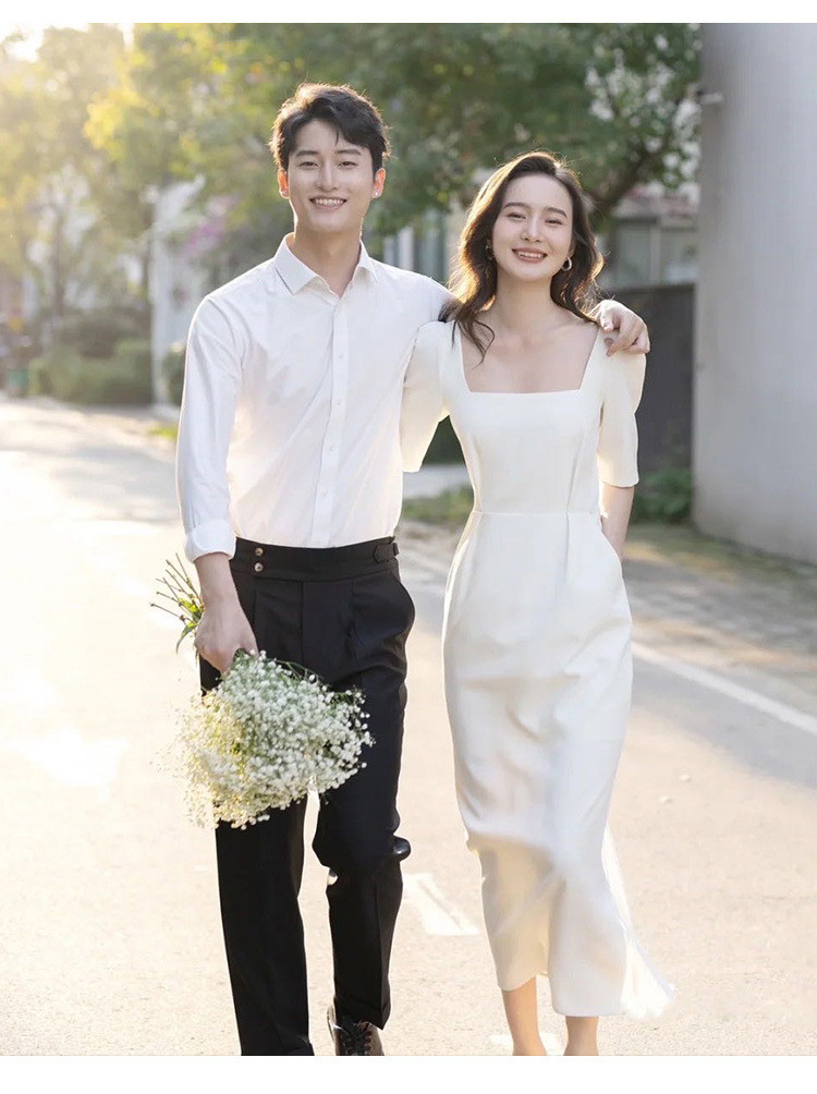 半袖 白 黒 サテン ウェディングドレス シンプル 韓国風 花嫁 結婚式 パーティー 演奏会 二次会 前撮り HL358