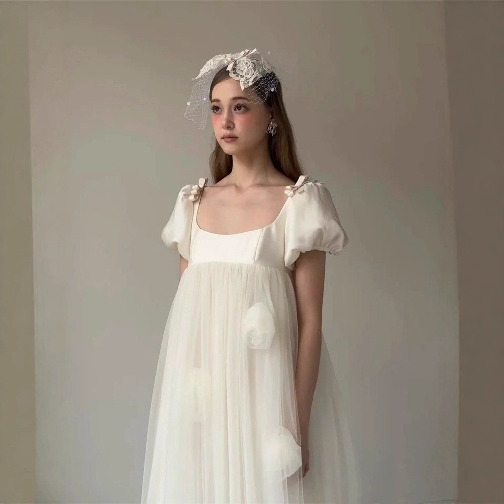 パフスリーブ 白 黒 花 パーティードレス 花嫁 韓国風 誕生日 成人式 パーティー 演奏会 二次会 前撮り HL369