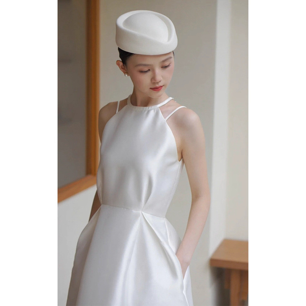 シンプル 白黒 サテン リボン ウェディングドレス 韓国風 花嫁 結婚式 パーティー 演奏会 二次会 前撮り HL371