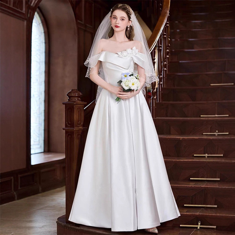 オフショルダー 白 花 サテン ウェディングドレス 韓国風 花嫁 結婚式 パーティー 演奏会 二次会 前撮り HL373