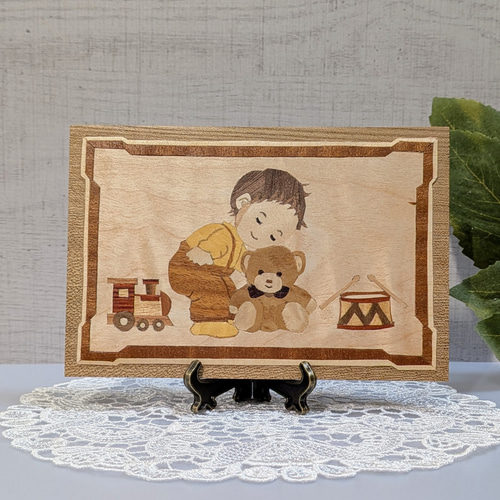木の絵画 木象嵌] 男の子 一点もの プレゼント 省スペースインテリア 