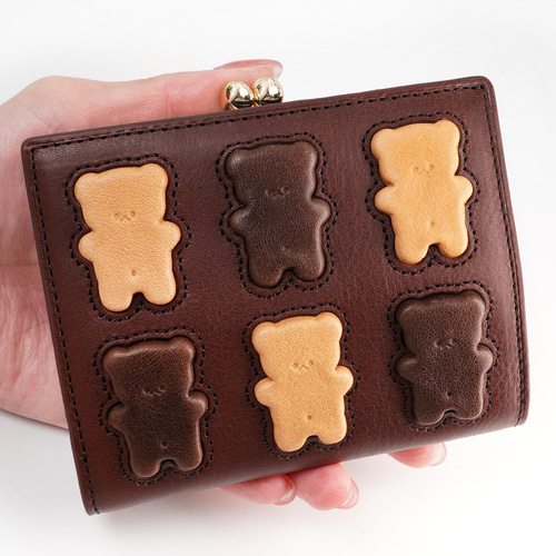 くまちゃんブラウニー2つ折りがま口財布（牛革製）／お菓子な革小物 二