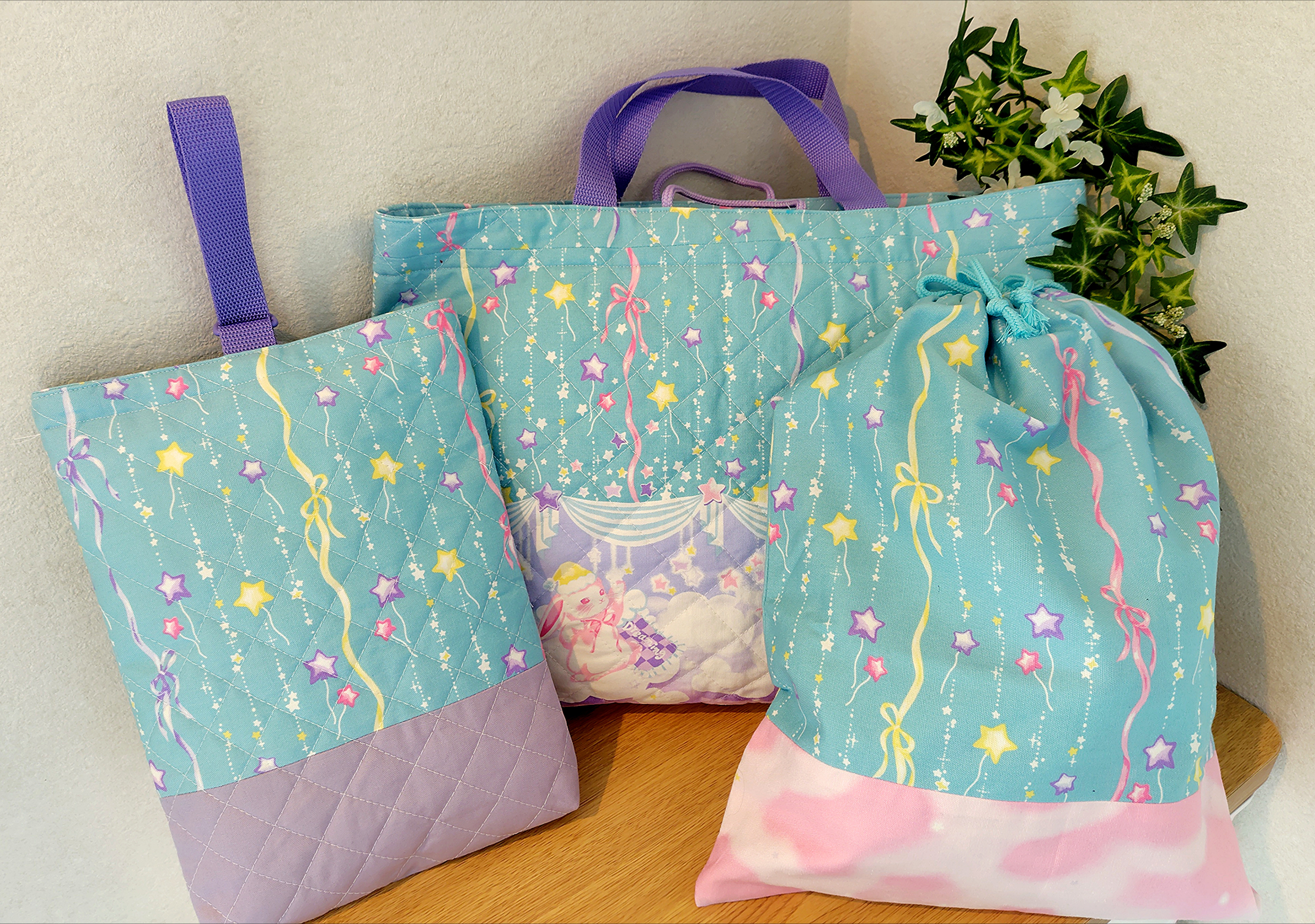 A4もすっぽり大きめレッスンバックの入園入学3点セット―ゆめかわうさぎミント―