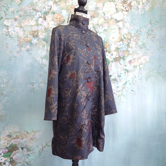 f7 ラグランスリーブコート 総裏付  着物リメイク 大島紬 Мサイズ 2枚目の画像