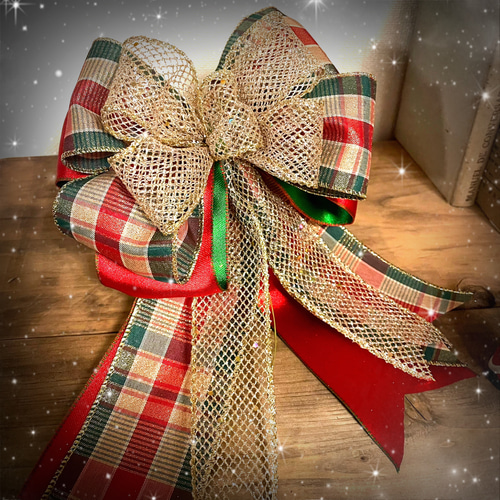 ファンシーラッキークリスマスリボン ふっくら贅沢3重リボン赤×緑チェック×ゴールドの華やかクリスマス飾り