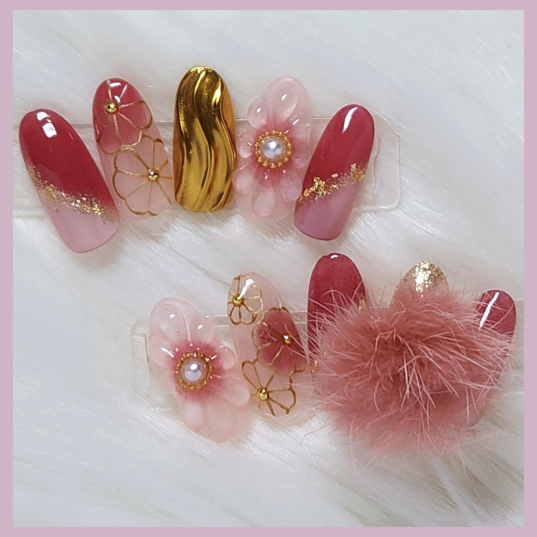 028. ネイルチップ 成人式 和柄 和装 ファー 着物⌇Kimono Collection Hanatsumugi