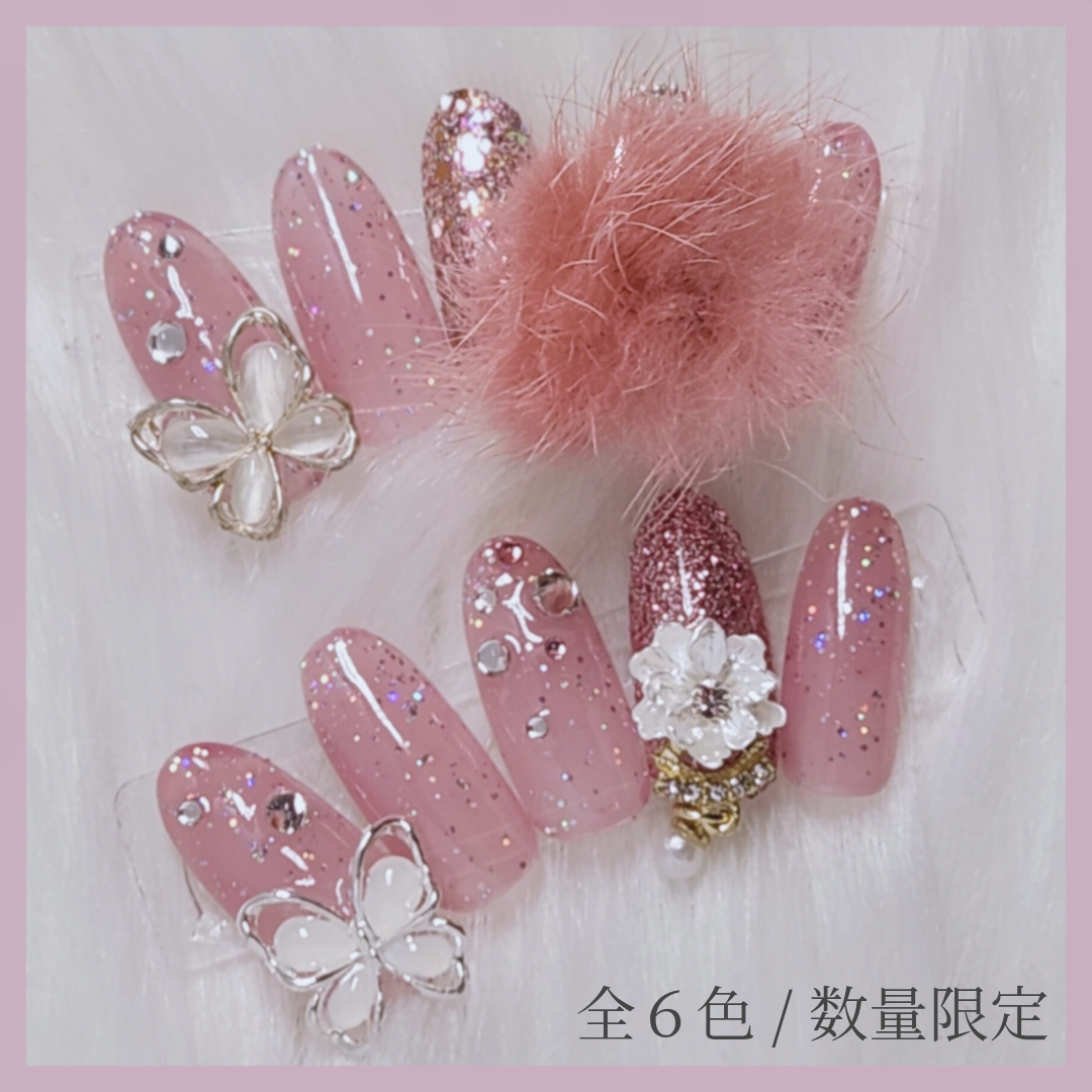 027. ネイルチップ 成人式 ファー ピンク キラキラ⌇Rich Queen