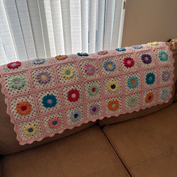 手編みブランケット★お花モチーフ★グラニースクエア★コットン★カラフル★かぎ針編 手編みブランケット/花モチーフ/グラニースクエア/カラフル/かぎ針編み