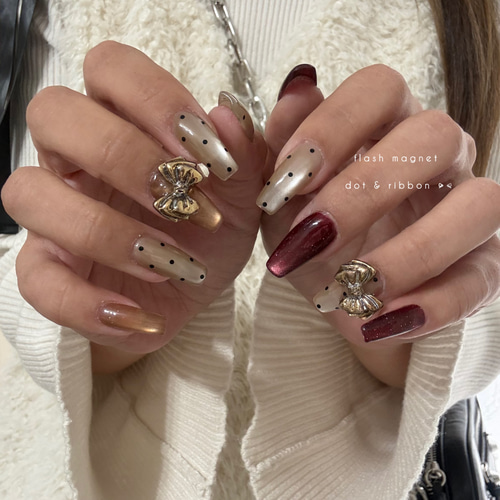 ネイルチップ＊ボルドーガーリー 赤 ツイード ホワイト ブラックドット