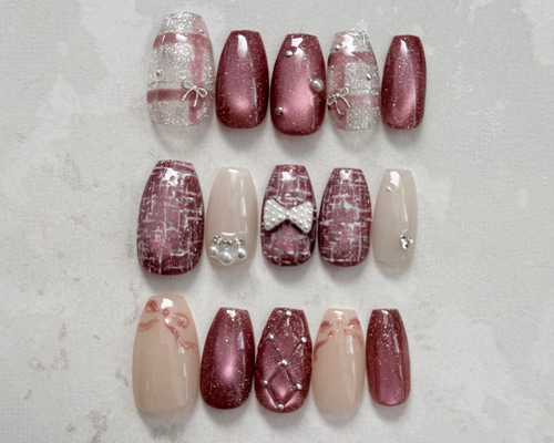 ネイルチップ マグネット ツイード 結晶 リボン キラキラ ガーリー