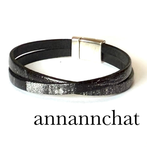 稀少 ヨーロッパ製 本革 黒・シルバー 2連 ブレスレット】男性にも