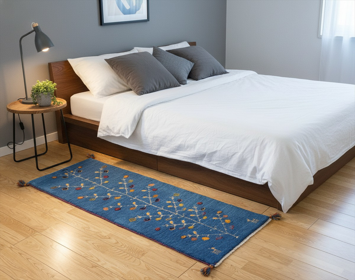 ペルシャ　ギャッベ ランナー中　ラグ　143×50cm　青色　生命の木　ヤギ　RJ15105