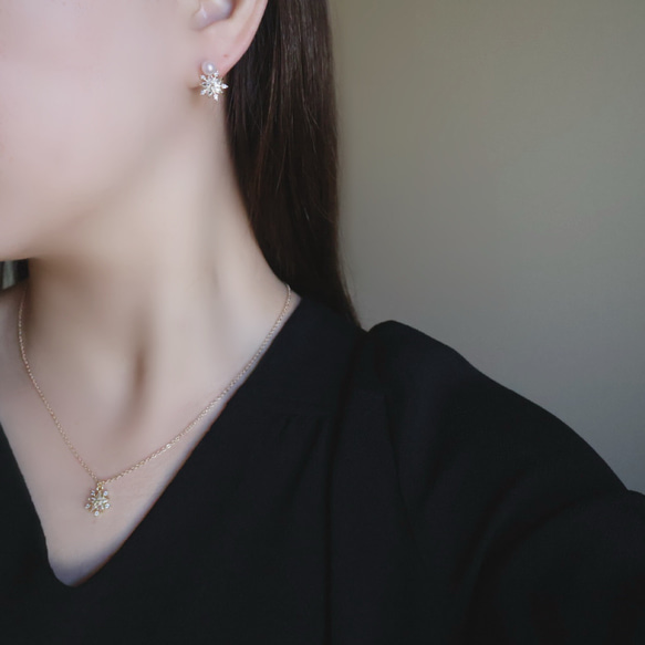 【2way】淡水パール  ジルコニア 輝く 雪の結晶 ピアス イヤリング  クリスマス ギフト 誕生日 プレゼント 冬 2枚目の画像