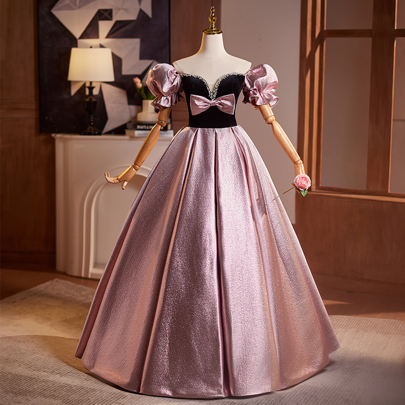 綺麗 ピンク シャンパン色 リボン パーティードレス プリンセス 結婚式 演奏会 二次会 前撮り 披露宴 08982