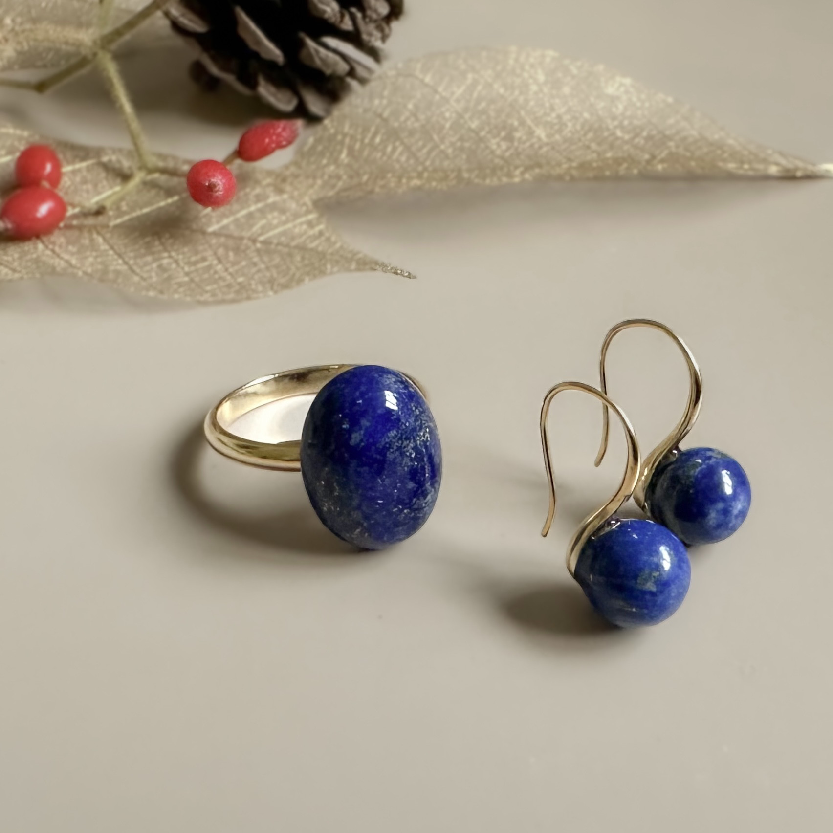 Creema限定新春福袋〈竹〉ラピスラズリ ドロップピアス＆リング/ピアスの金具変更可 12月誕生石