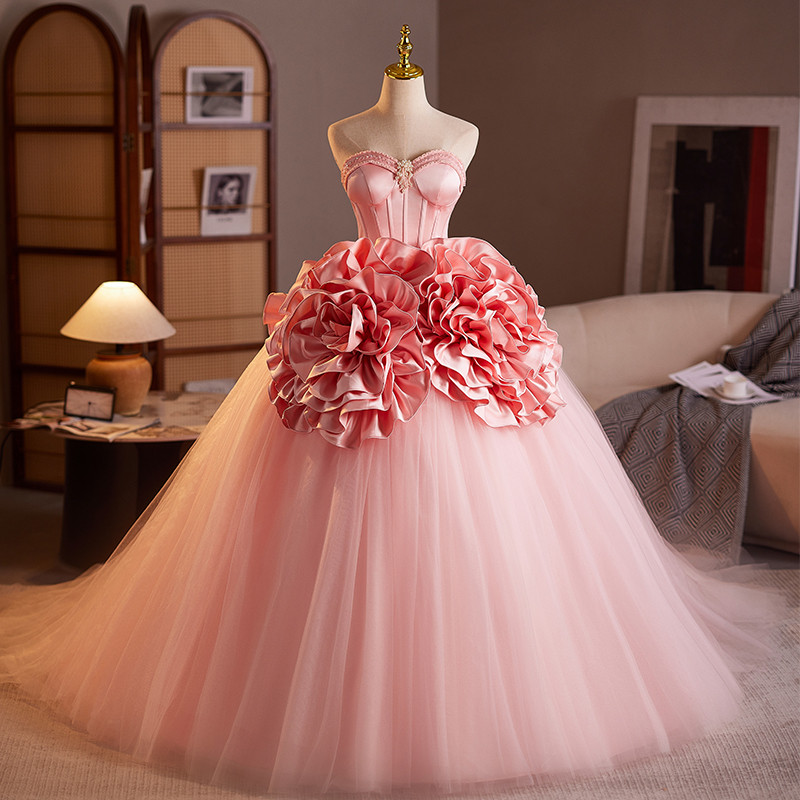 豪華 ピンク 特大立体花 ふわふわ ウェディングドレス プリンセス 花嫁 演奏会 二次会 前撮り 披露宴 08980