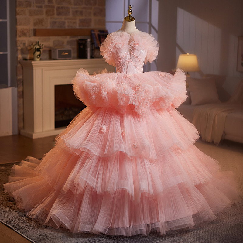 豪華 ピンク ふわふわ ウェディングドレス プリンセス 綺麗 花嫁 誕生日 演奏会 二次会 前撮り 披露宴 08979