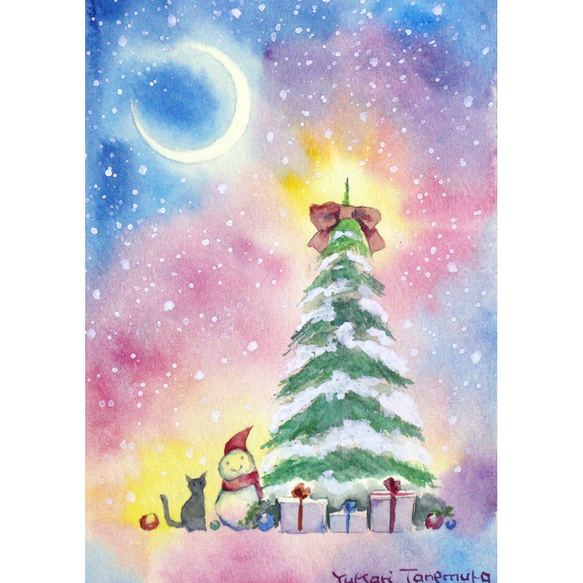 原画】あたたかいクリスマス（水彩画）送料無料☆ツリー 猫 雪 ミニ