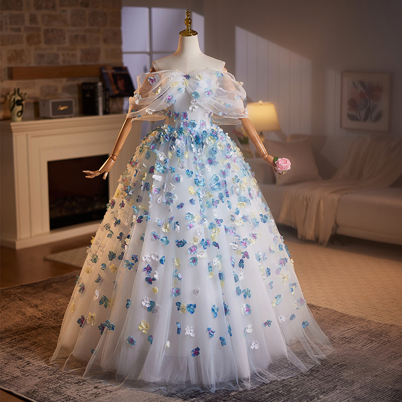 豪華 白 立体花 オフショルダー ウェディングドレス プリンセス 花嫁 誕生日 演奏会 二次会 前撮り 披露宴 8977