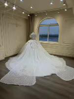 豪華！抜群のおしゃれ見え　ウェディングドレス　オフショルダー　二の腕カバー　ビジュー　グリッター　サイズオーダー可能