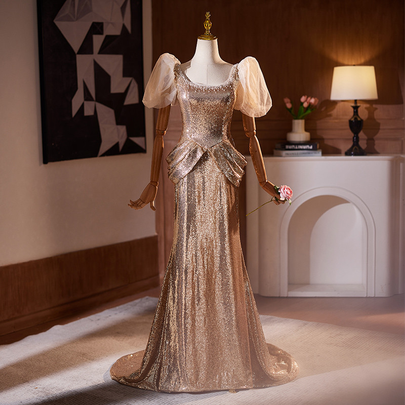 高級感 シャンパン色 キラキラ マーメイドドレス パーティードレス 演奏会 二次会 前撮り 披露宴 08983