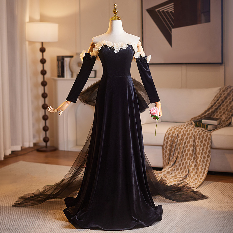 高級感 黒 長袖 花 リボン オフショルダー パーティードレス 演奏会 二次会 前撮り 披露宴 08975