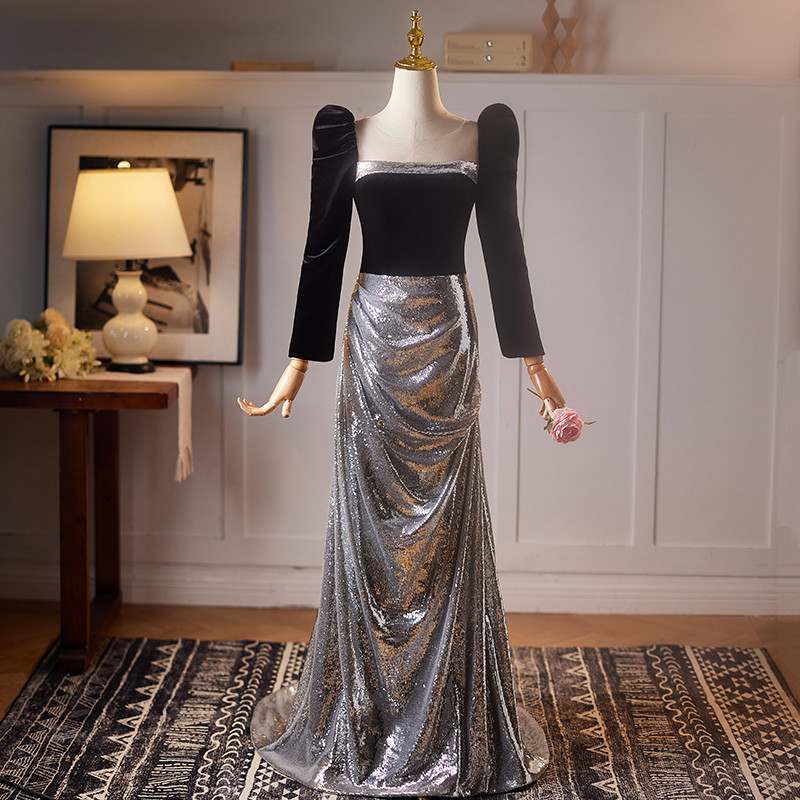 高級感 黒 長袖 キラキラ マーメイドドレス パーティードレス 演奏会 二次会 前撮り 披露宴 08976