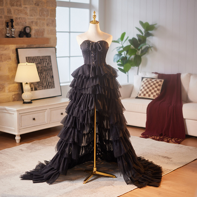 高級感 黒 ノースリーブ ティアードドレス パーティードレス 裾引き 演奏会 二次会 前撮り 披露宴 08969