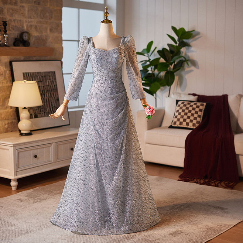 高級感 シルバー 長袖 スパンコール パーティードレス 演奏会 誕生日 成人式 二次会 前撮り 披露宴 08970