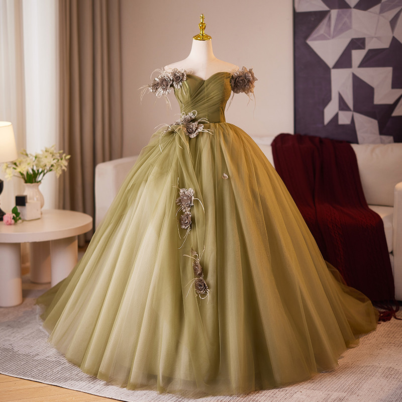 高級感 緑 オフショルダー 花 ふわふわ パーティードレス 花嫁 成人式 演奏会 二次会 前撮り 披露宴 08968