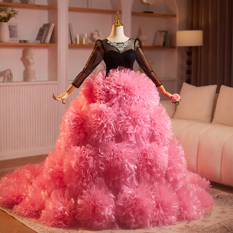豪華 ピンク ふわふわ 立体花 ウェディングドレス プリンセス 花嫁 誕生日 演奏会 二次会 前撮り 披露宴 08963