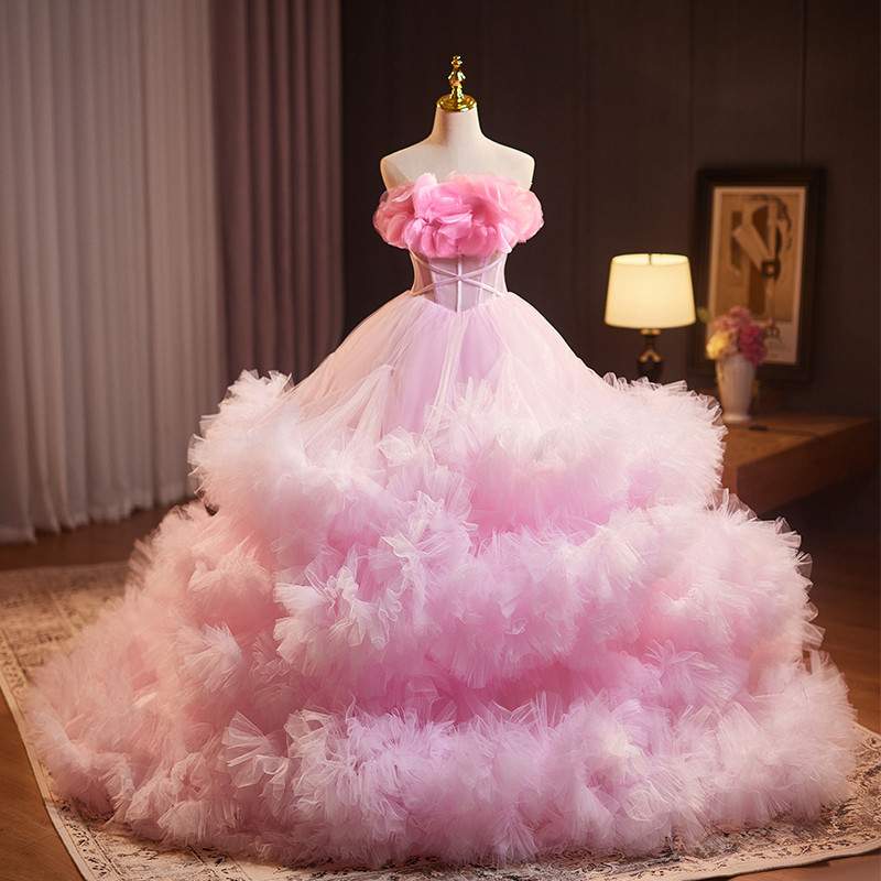豪華 ピンク ふわふわ 立体花 ウェディングドレス プリンセス 花嫁 誕生日 演奏会 二次会 前撮り 披露宴 08960