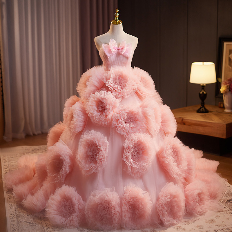 豪華 ピンク ふわふわ 立体花 ウェディングドレス プリンセス 花嫁 誕生日 演奏会 二次会 前撮り 披露宴 08959