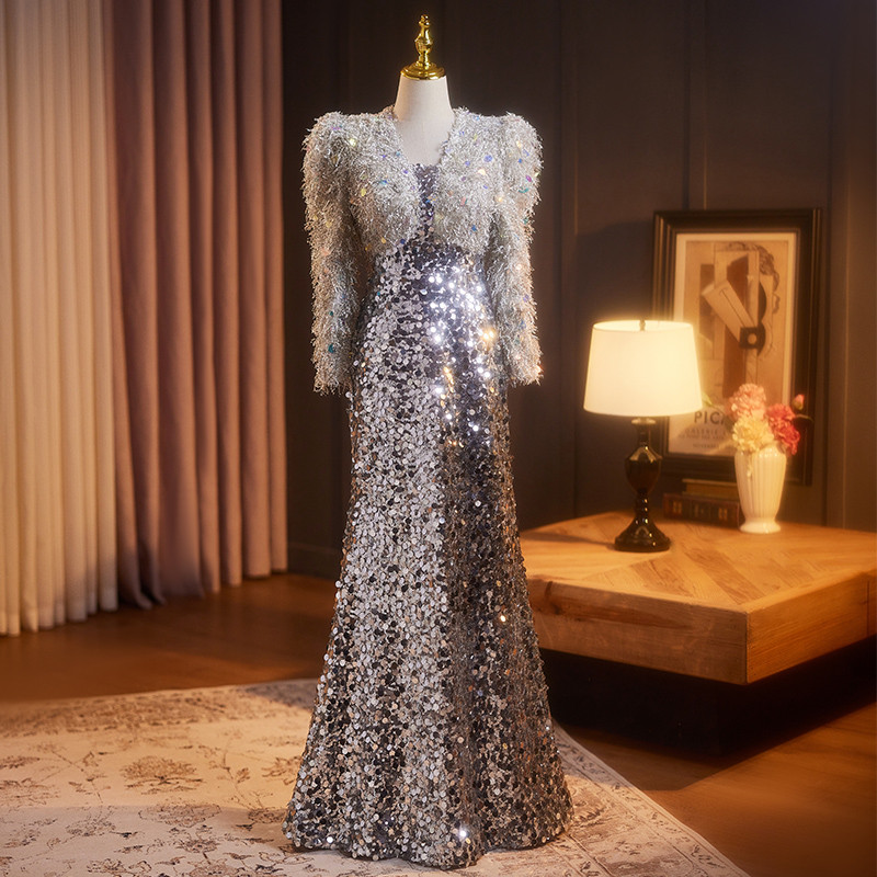 高級感 シルバー スパンコール キラキラ マーメイドドレス パーティードレス 演奏会 二次会 前撮り 披露宴 08961