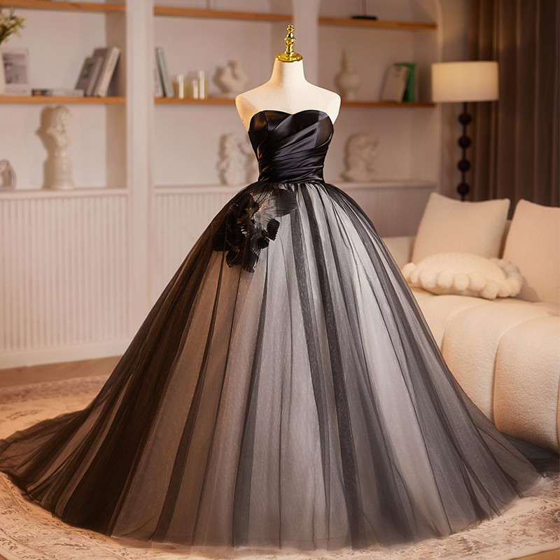 豪華 黒 ふわふわ 立体花 パーティードレス ウェディングドレス 花嫁 演奏会 二次会 前撮り 披露宴 08962