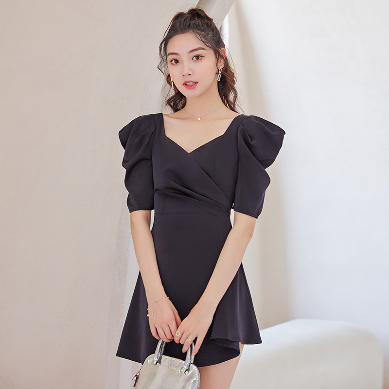 Vネック 黒 ウェディングドレス パーティー 半袖 ショート丈 可愛い 韓国風 お呼ばれ 二次会 66461