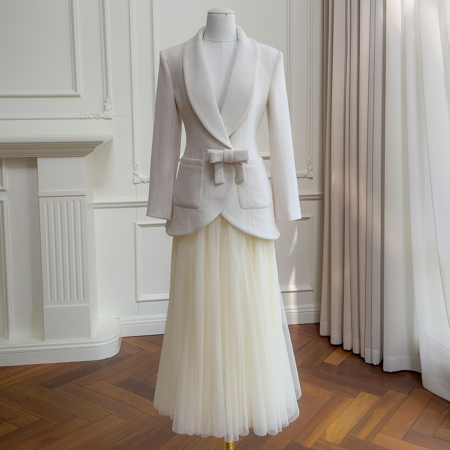 秋冬 上下セット ベージュ ウェディングドレス チュールスカート ウールジャケット 上品 韓国風 二次会 91622