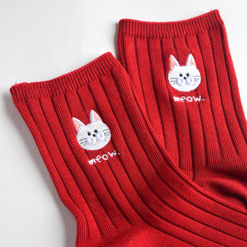 選べる猫29種！レディース刺繍ソックス【レッド】靴下 記念日 誕生日