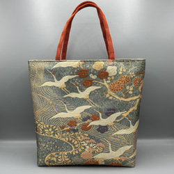 中央折ジワ】着物 帯 リメイク ハンドメイド トートバッグ 赤 梅