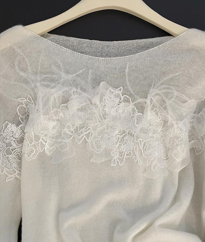 【受注製作】65%ウール　レースお花オフショル　トップス