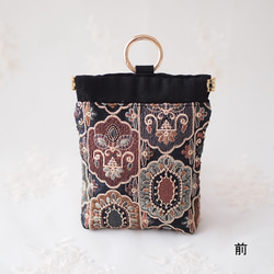 ホリデーボックス☆ インド刺繍ファブリック　ファー付きスマホショルダー＆ミニポーチ（カラビナ付） 　ブラック 12枚目の画像